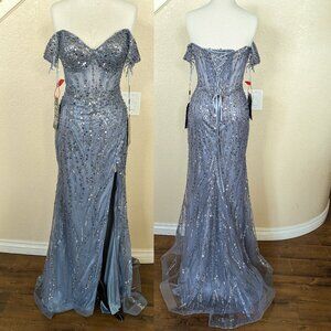 Smoky Blue Sequined Off the shoulder Corset Formal Prom Evening Mermaid Dress 4
